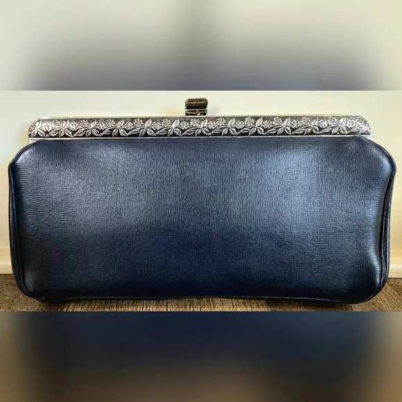 Beautiful Navy Blue Vintage Clutch Purse • Embossed Silver Floral Design - Picture 1 of 8